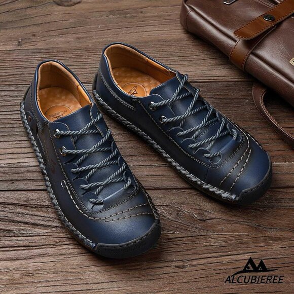 Alcubieree Men Blue Leather Casual Fashion Loafer Driving Rubber Sole Sneakers - Picture 7 of 8